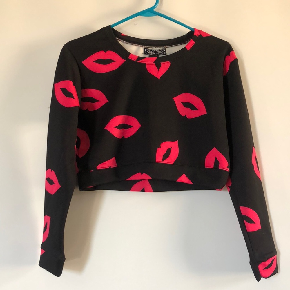 Black Crop Top with Pink Lip Print